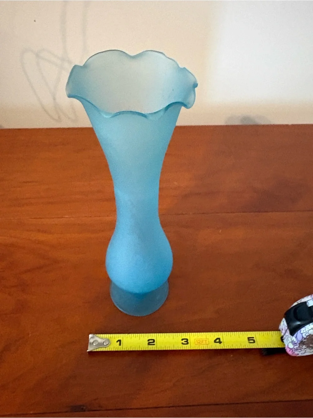 Vintage Frosted Blue Satin Art Glass Bud Vase Ruffled Scalloped Rim 8”